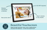 Touchscreen demonstration with icons highlighting photo alerts, slideshows, and easy navigation. Shown as part of product listing for our 10-inch digital frame.