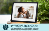 Private photo sharing feature with a woman viewing shared family images securely. Shown as part of product listing for our 10-inch digital frame.