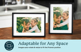 Two frames on display showing auto-rotate and flexible placement for any room décor. Shown as part of product listing for our 10-inch digital frame.