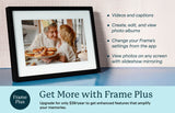 Feature callouts for Frame Plus—videos, albums, app controls, and slideshow mirroring. Shown as part of product listing for our 10-inch digital frame.