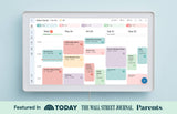 A digital family wall calendar displayed on a tablet, showing a weekly schedule with color-coded events for each family member. The screen highlights appointments, chores, and activities using the Skylight Calendar app, with media badges from TODAY, The Wall Street Journal, and Parents featured below.