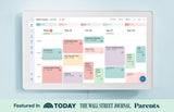 A digital family wall calendar displayed on a tablet, showing a weekly schedule with color-coded events for each family member. The screen highlights appointments, chores, and activities using the Skylight Calendar app, with media badges from TODAY, The Wall Street Journal, and Parents featured below.