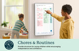 Children using the Skylight 27-inch digital family calendar to track chores and build morning routines on a wall-mounted smart screen.