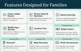 Skylight digital calendar highlighting family-friendly features including color-coded events, chore routines, device syncing, custom lists, rewards, meal planning and photo screensaver.